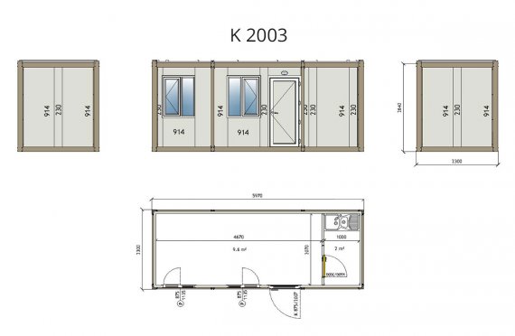 K2003: 1комн+кухня с мойкой, Упакованный Контейнер, 2,3х6