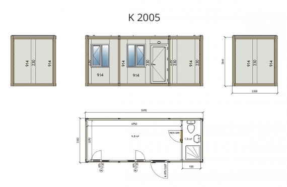K2005: 1комн+душ+туалет, Упакованный Контейнер 2,3х6 м