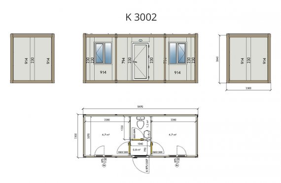 K3002: 2комн+туалет, Упакованный Контейнер, 2,3х6 м
