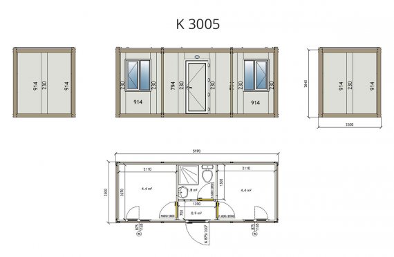 K3005: 2комн+душ+туалет, Упакованный Контейнер - 2,3х7 м
