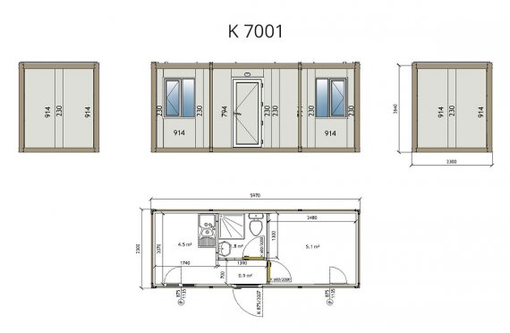 K7001: 2к+душ+туалет+мойка, Упакованный Контейнер, 2,3х6 м