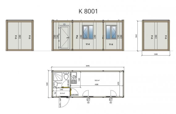 K8001: 1комн+душ+туалет+мойка, Контейнер - 2,3х6 м
